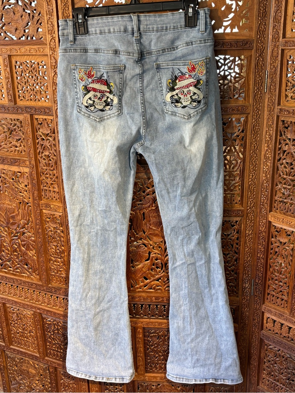 BAMBOO Light Blue Flare Jeans with Colorful Embroidered Back Pockets